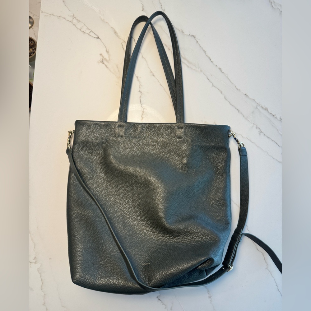 Cuyana Dark Olive Leather Tall Easy Zipper Tote + System Zipper Pouch